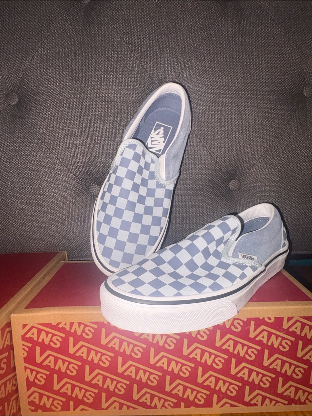Vans Checkerboard Slip-On in Light Blue and White